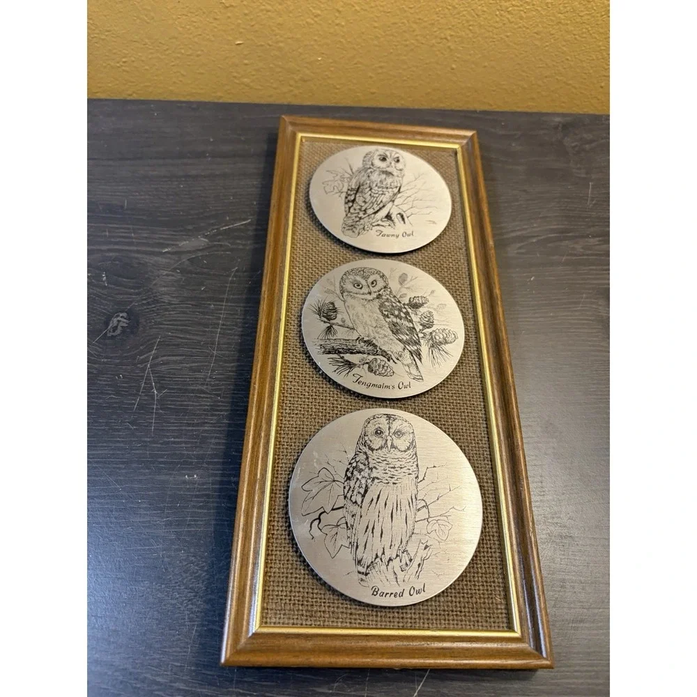 Vintage English Stainless Steel Decorative Owl Art Framed Industrial Retro